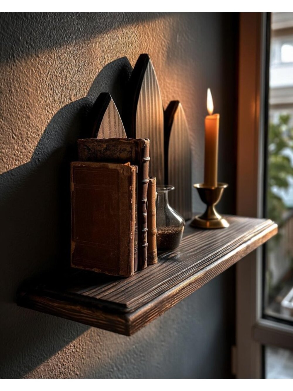 Triple Lancet Gothic Wall Shelf Dark Walnut Altar Ledge Dark Academia Wood Decor